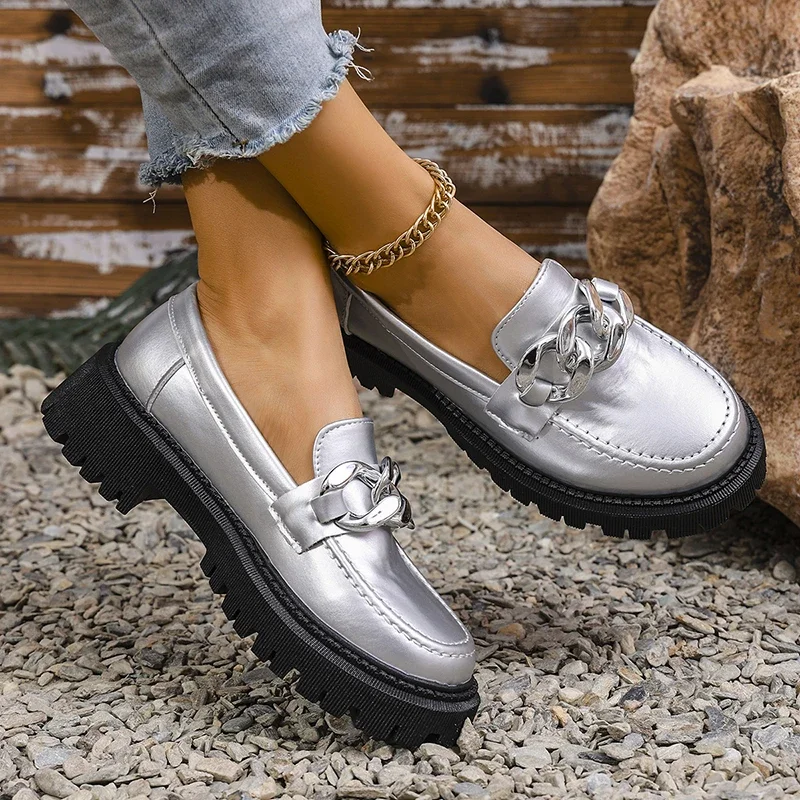 

Women's Loafers New Thick Sole Chain Silver Shoes for Women 2025 Fashion Platform Shoes Woman Comfort Slip on Flats Plus Size 43