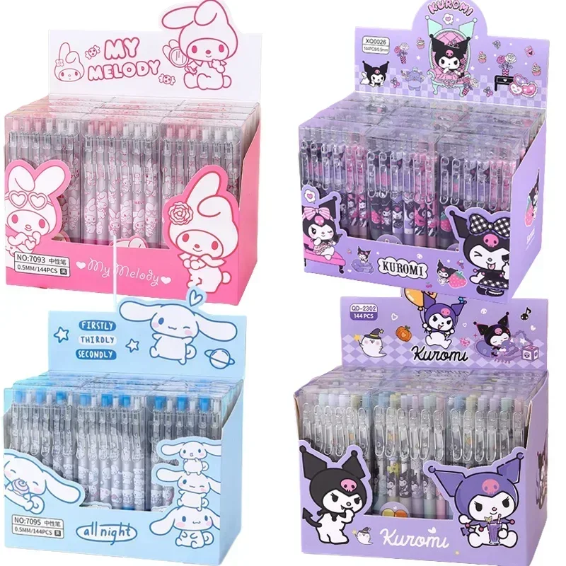 Sanrio 12pcs Kawaii Press Gel Pen Pochacco Melody Kuromi Metal Hook School Students Reward 0.5 Black Boxed Office Stationery