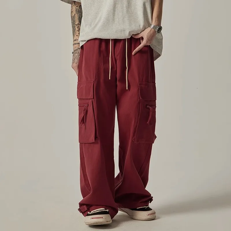 

Свободные прямые рабочие брюки для мужчин, красные широкие повседневные длинные брюки, модные брендовые брюки в стиле High Street, осенняя коллекция