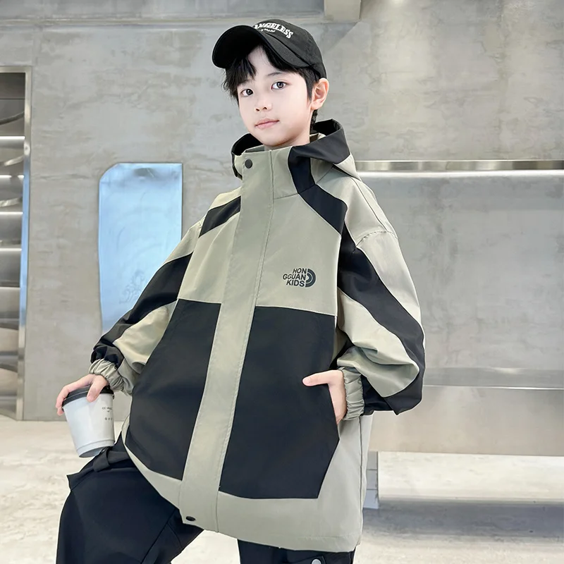 Spring Autumn Kids Polyester Trench Coat For Boys Windproof Jacket British Style Windbreaker with Hoodie Child Casual Clothes