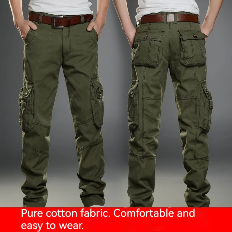 Men Straight Fit Cargo Pants Multi Large Pockets Durable Pure Cotton Trousers For Work Hiking Spring Autumn