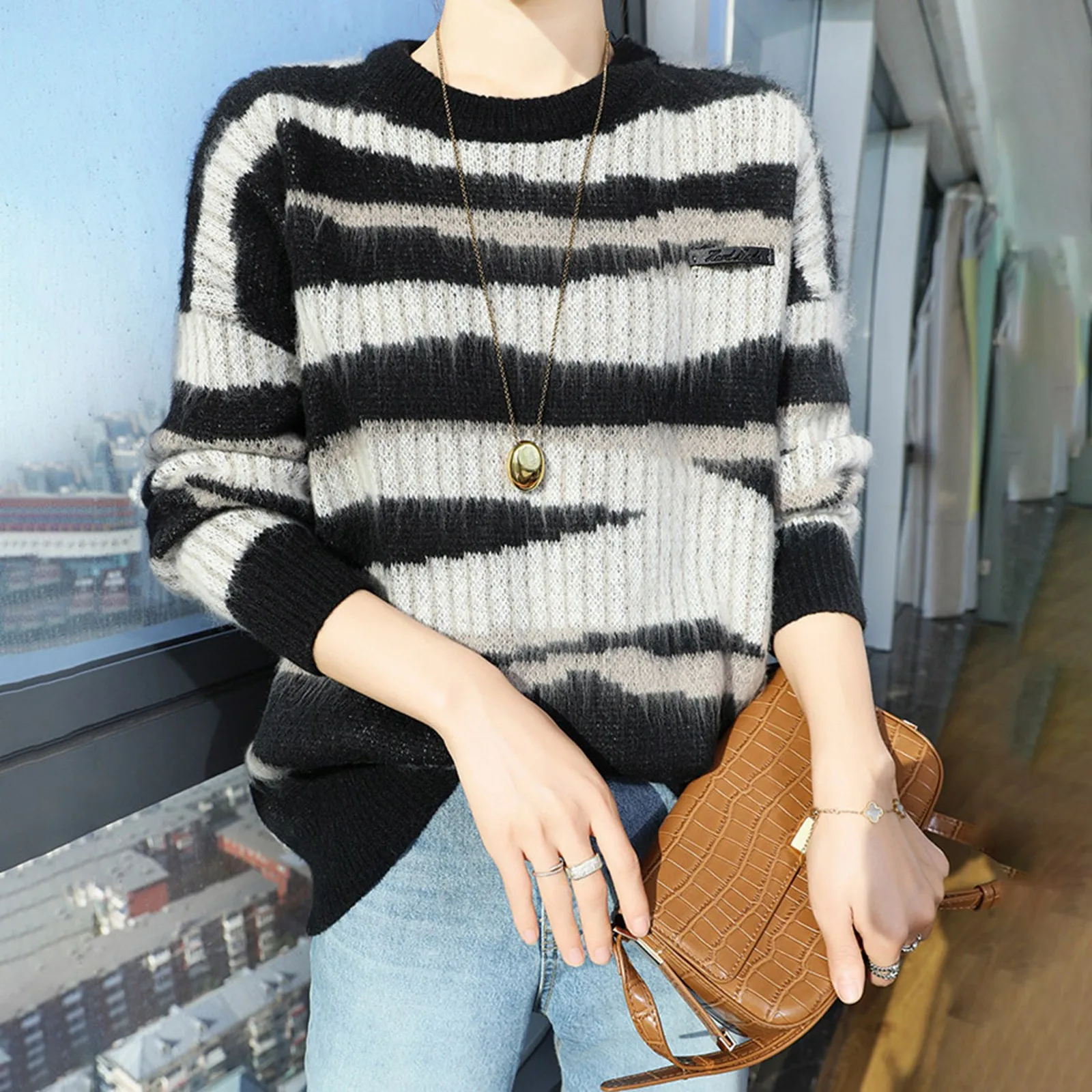 

Sweater For Women Vintage Pullover Black Red Contrast Striped Sweater Fashion Knit HIP HOP Womens Clothing Casual Jumper