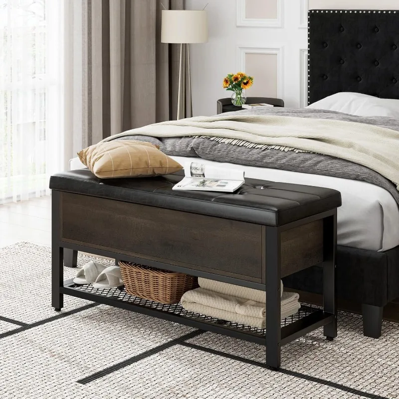 HOSTACK Storage Bench, Entryway Shoe Bench with Flip-Open Storage Box, End of Bed Ottoman Bench with Storage Shelf