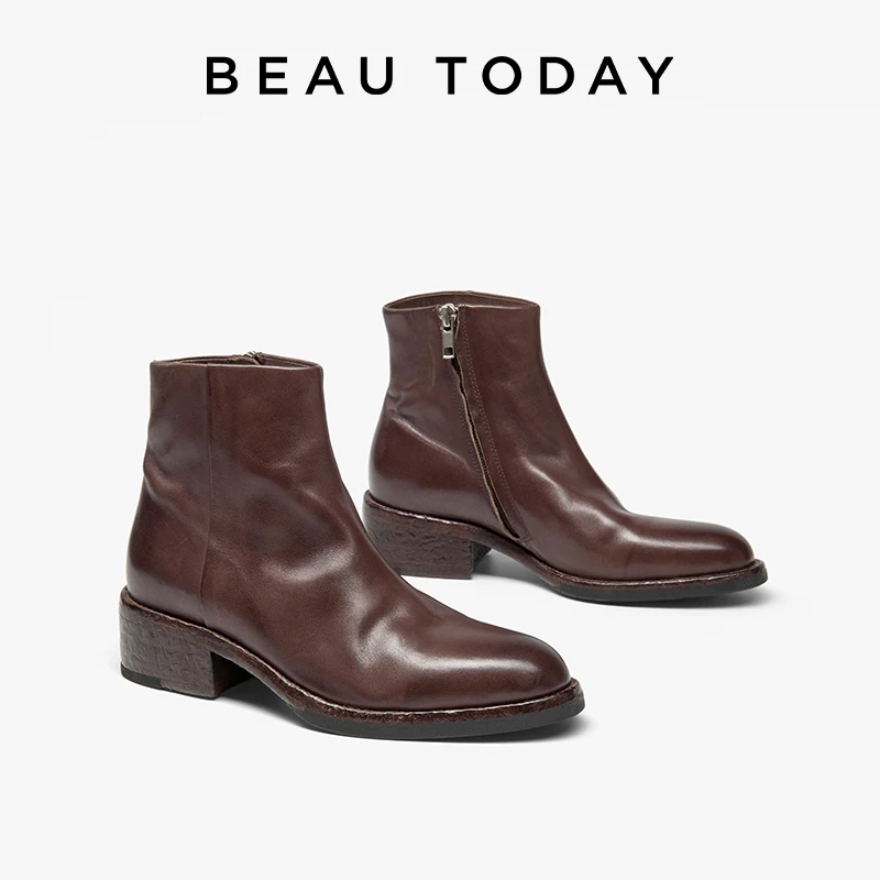 

BEAUTODAY Chelsea Boots Women Horse Leather Solid Color Round Toe Zipper Ankle Boots Ladies Shoes Handmade 03D63