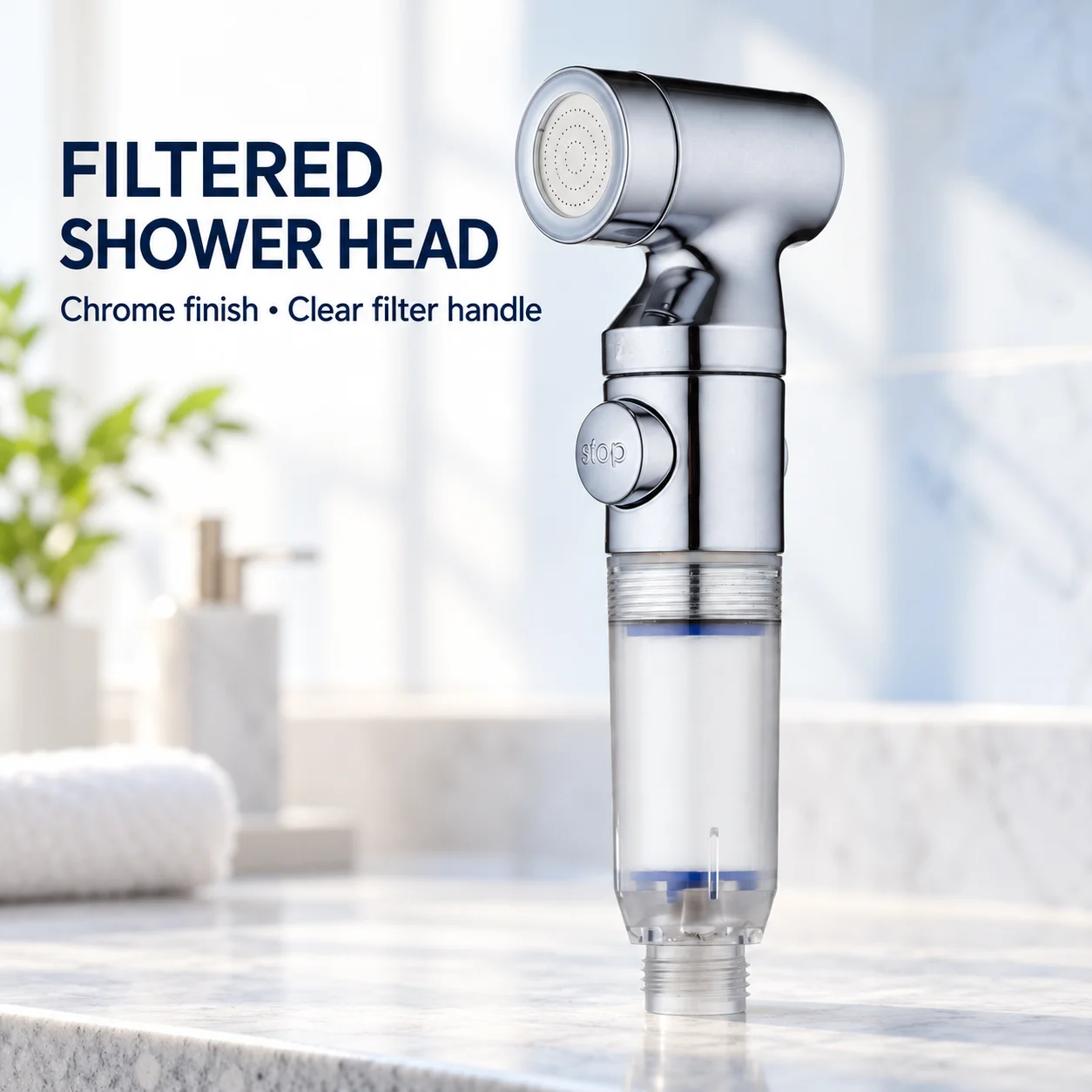 Filtered Handheld Shower Head with One-Touch Stop Button, Fine Spray, Transparent Filter Handle, Chrome Finish for Bathroom