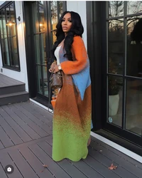 Women Winter Fashion Dyeing Color Exaggerated Sleeves Warm Thick Cardigans Plus Size African Lady Streetwear Loose Long Kimonos