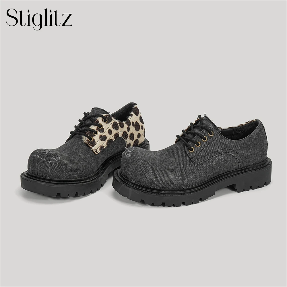 Ripped Canvas Derby Shoes for Men Novel Style Exaggerated Big Round Toe Lace-Up Shoes Leopard Print Fashionable Casual Shoes New