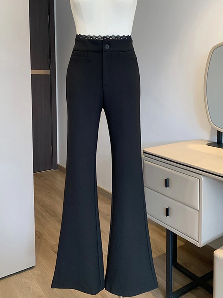블랙 엘레강트 수트 팬츠 여성 심플 레이스 패치워크 오피스 레이디 플레어 트라우저 하이 웨이스트 슬림 핏 캐주얼 패션 여성 팬츠