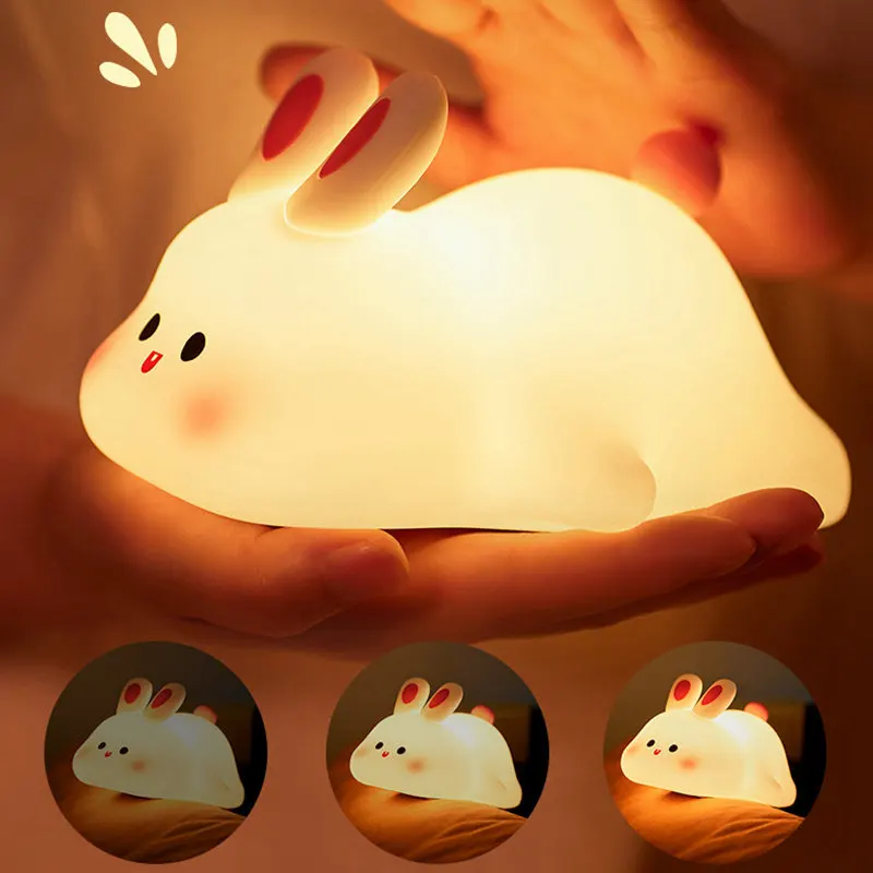 Veilleuse en Silicone avec Capteur Tactile Lapin, Lampe Pat Rechargeable, Lumière de Protection des Yeux pour Enfants, Cadeau d'Anniversaire et de Noël