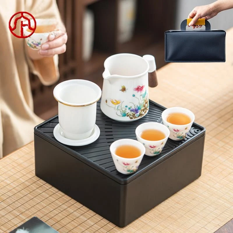 

Portable Travel Tea Set Quick Guest Cup One Pot Four Cups Outdoor Car Mounted Tea Brewing Kettle Ceramic Material for Travel