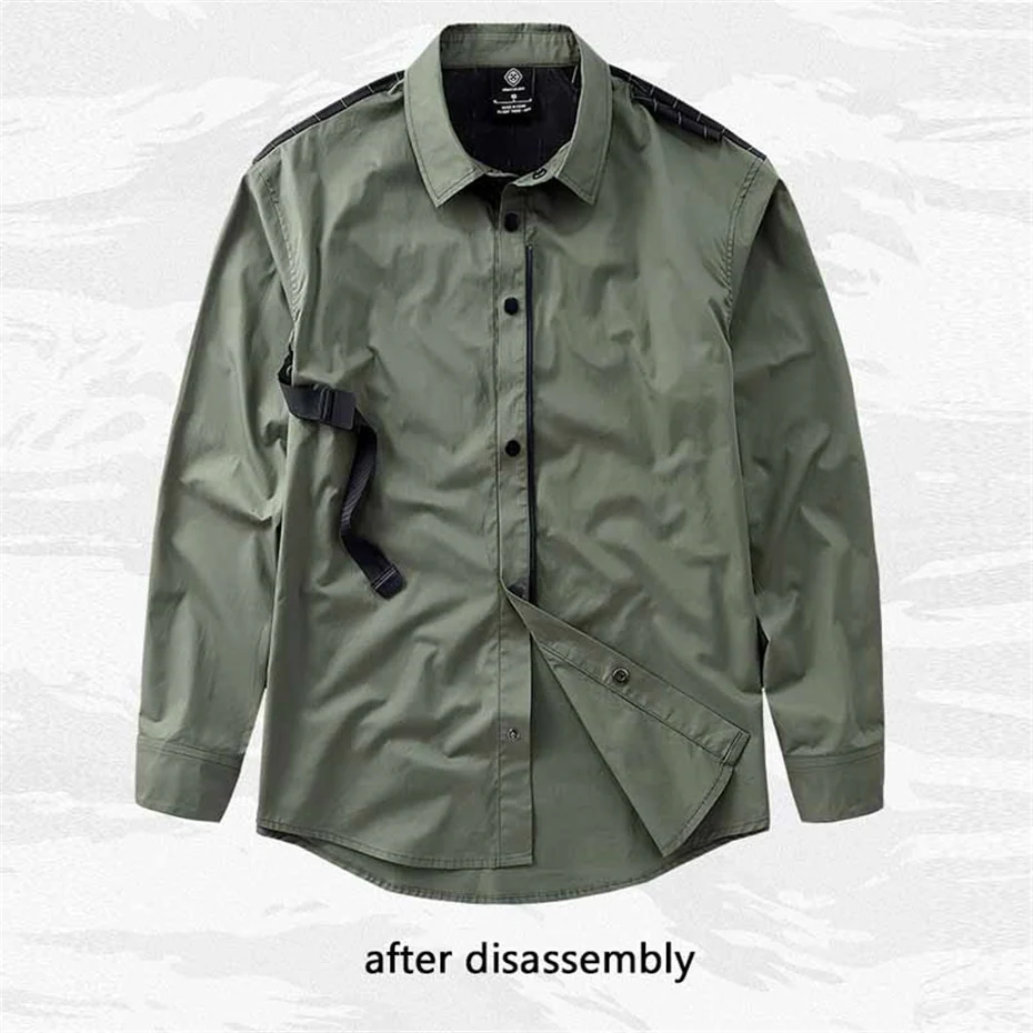 Green Cargo Shirt Men Spring Autumn Long Sleeve Shirts Military Shirt Hip Hop Streetwear Techwear Detachable Patchwork Design