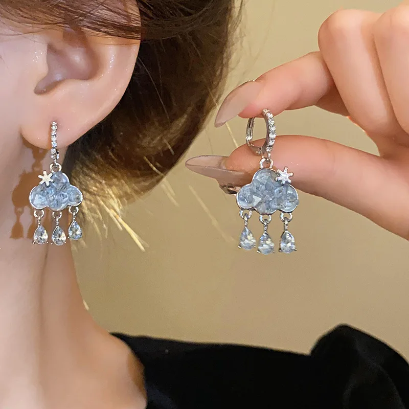 Hot Selling Fashion Cute Women's Cloud Earrings Blue Crystal Rain Zircon Water Drop Jewelry Wedding Party Gifts New Collection