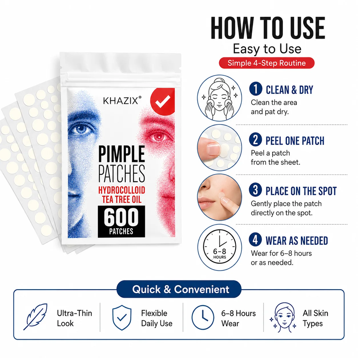 KHAZIX 600PCS Hydrocolloid Pimple Patches, Invisible Blemish Covers, Ultra-Thin Breathable Waterproof Face Stickers