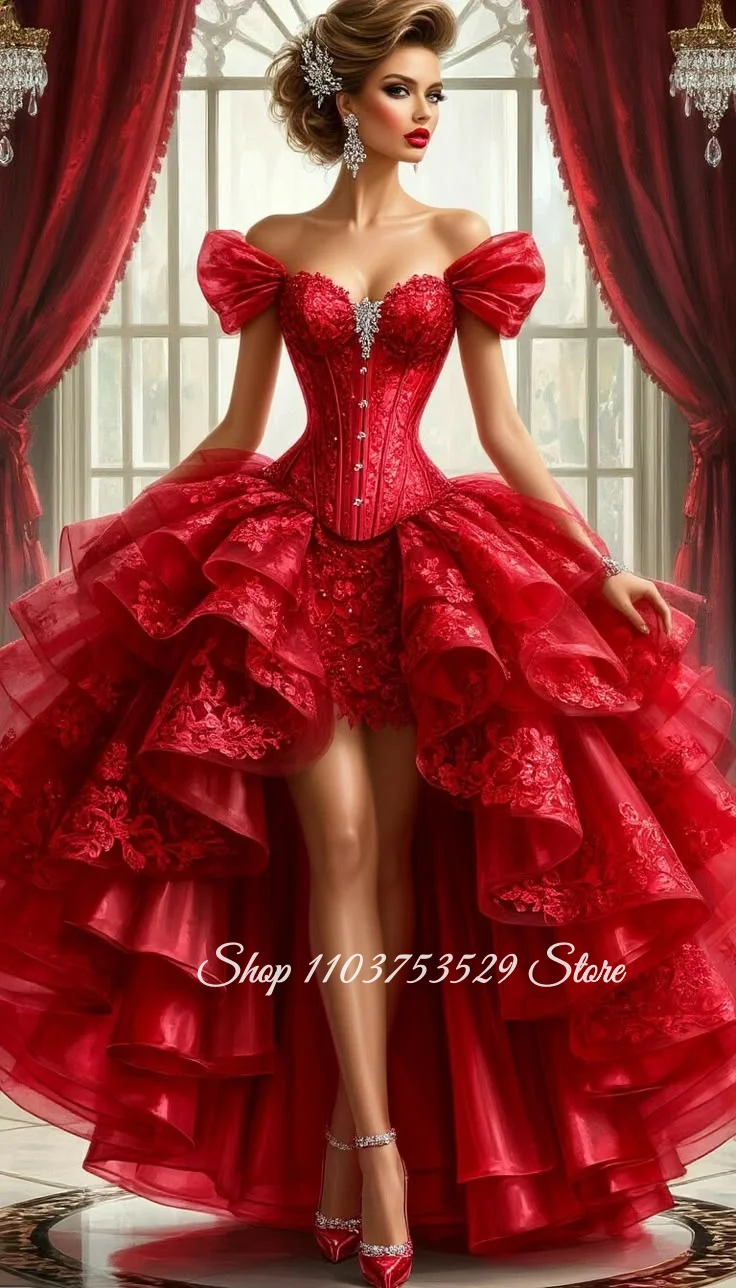 Maßgeschneidertes Rotes Glamouröses Viktorianisches Ballkleid Spitze Schulterfreies Korsett Abnehmbarer Schlepp Abendkleid für Besondere Anlässe Cosplay