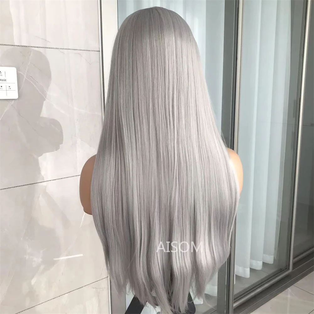 Gray Long Straight Synthetic Lace Wigs Pre Plucked Heat Resistant Highlight Blonde Lace Front Wig for Women 99J Transparent Lace