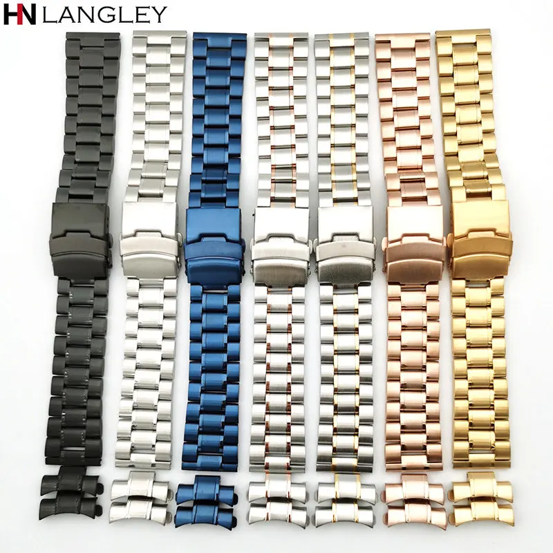 18 20 22mm 24mm Stainless Steel Watch Strap Arc End Steel Bracelet Insurance Folding Buckle Men Universal Replacement Watchband