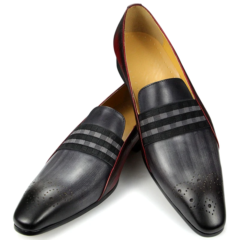 Loafer Men Fashion Cowhide Shoes Casual Gentleman Party Wedding Leather Shoes Gray Red Mixed Striped Elastic Band Footwear