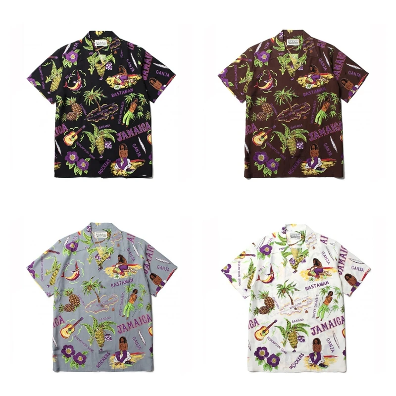 Fashion Coconut Tree People Pattern WACKO MARIA Short Sleeve Shirt Best Quality Summer Holiday Mens Womens Hawaii Shirt Tops