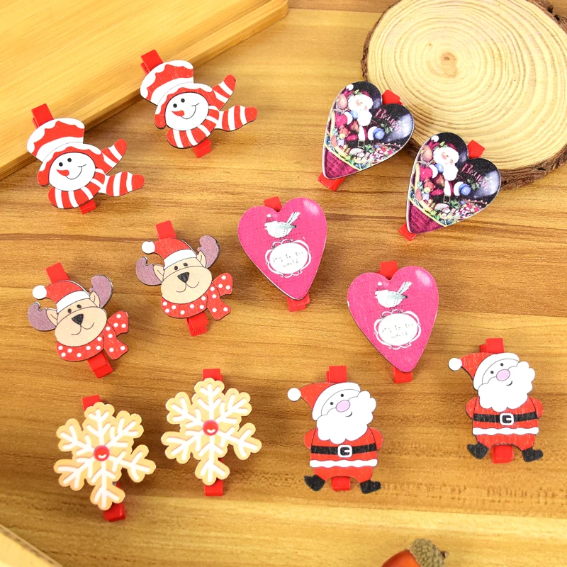 

6pcs/Set Christmas Creative Wooden Clips Cartoon Snowman Santa Claus Elk Snowflake Wood Hair Clip New Year Gift Party Decoration