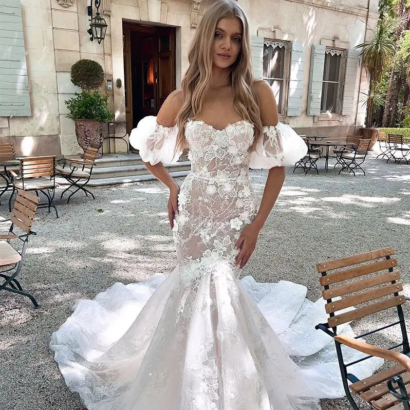 

Boho Lace Mermaid Wedding Dresses Short Sleeve Flower Applique Bridal Gowns Elegant Court Train robes de mariée