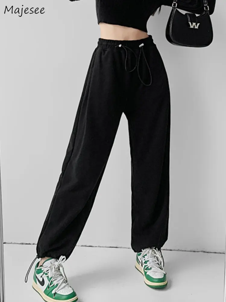 

Sporty Pants Women Drawstring Solid Chic Casual Spring Jogger Baggy All-match Streetwear Trendy High Waist European Style