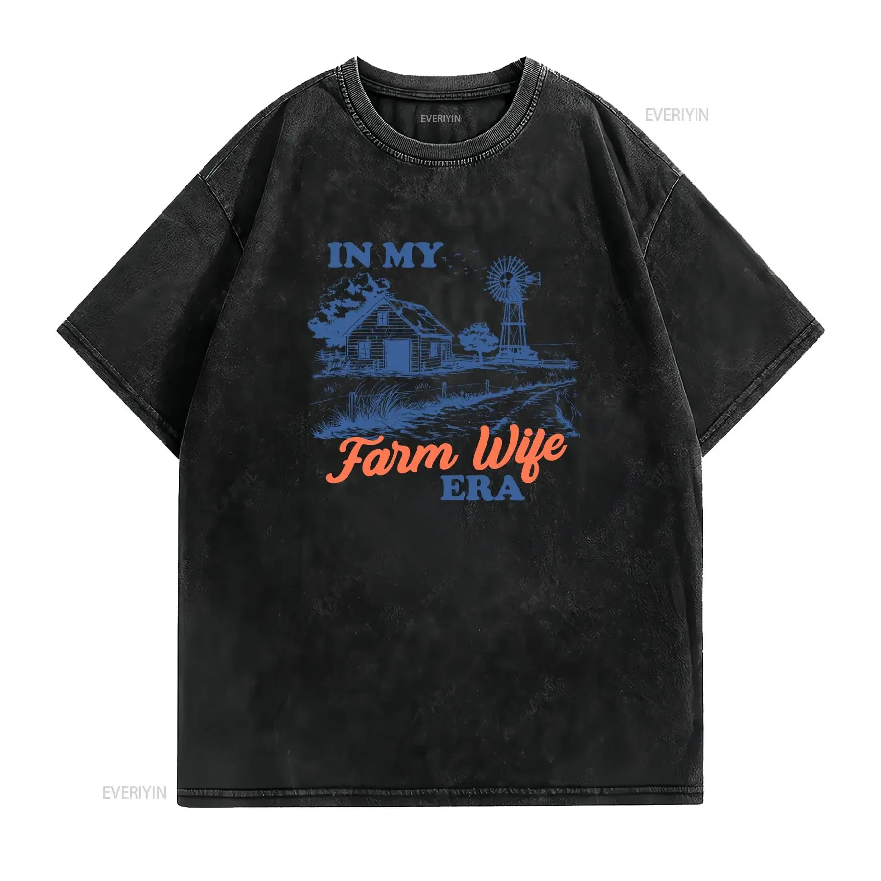 Vintage Farm Wife Era Country Barn Windmill Print Casual T Shirt vintage Washed Slightly Breathable streetwear Versatile Unisex