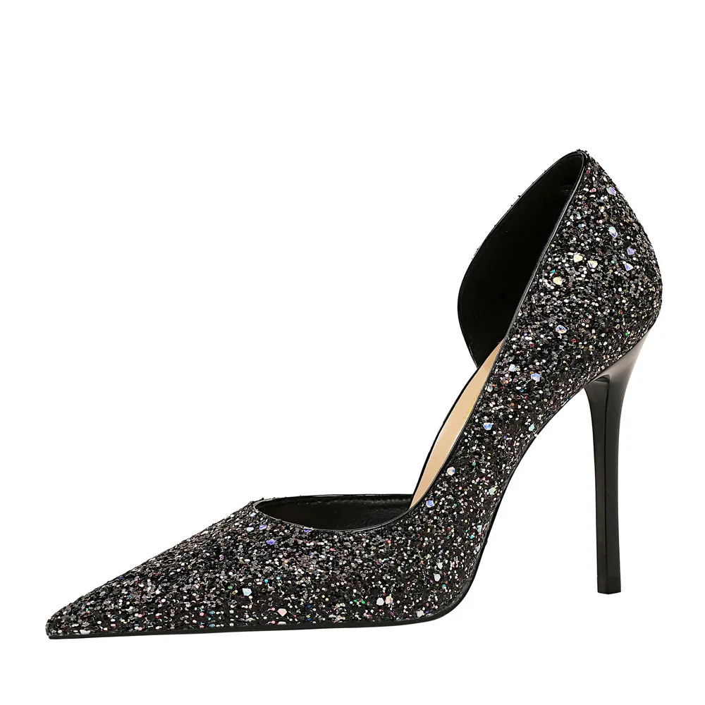 Escarpins à paillettes brillantes pour femmes, talons super hauts minces, échancré peu profond, coupe latérale pointue, chaussures de banquet sexy pour dames