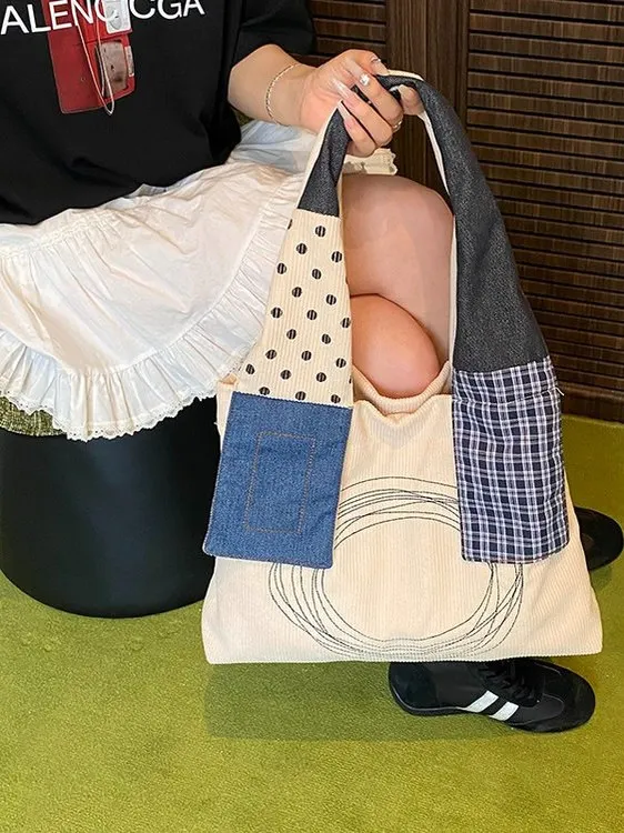 

VSION Retro Japanese Denim Canvas oulder Bag Women's Casual Artistic Tote Bag Commuter Magnetic Bule mid Size Bag