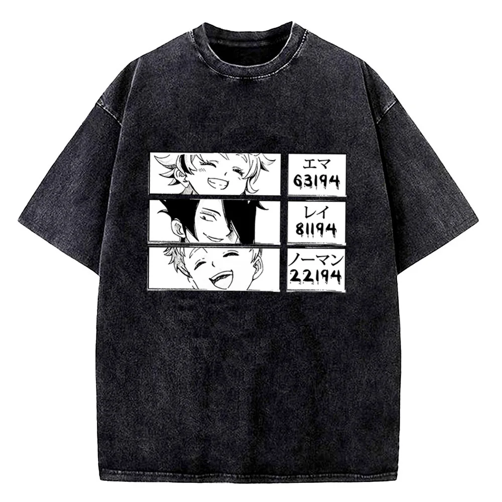 the Promise Neverland Vintage Washed cotton top tees men Y2k Grunge anime graphic Punk shirt women aesthetic Classic Psychedelic