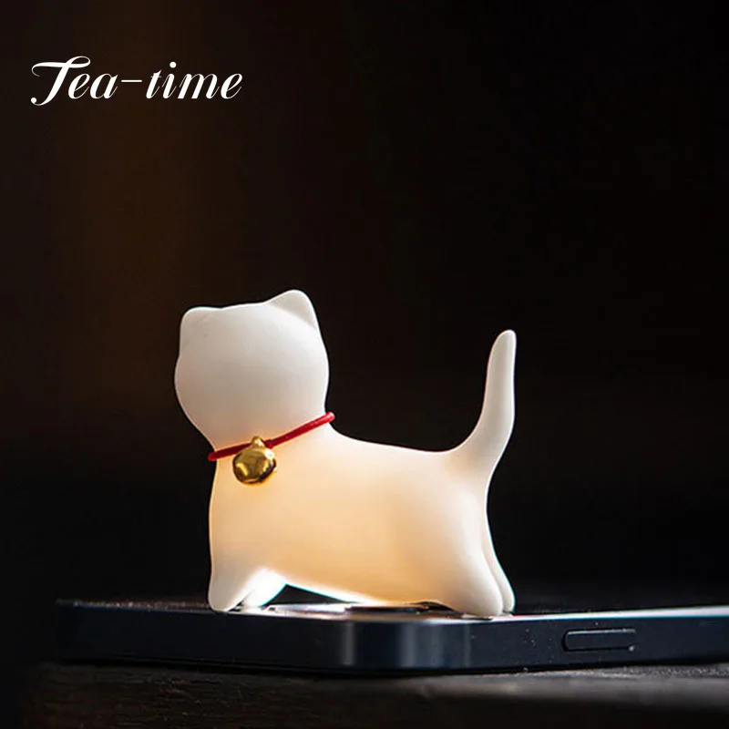Creativity Handmade Ceramics Tea Pet Ornaments Cute Small Cat Statue White Porcelain Tea Figurine Crafts Boutique Tea Decoration
