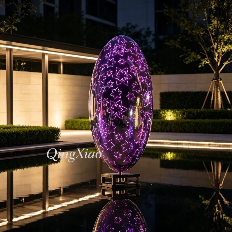 Star Perforated Elliptical Stainless Steel Sculpture LED Luminous Mirror Statue Modern Mall Park Outdoor Nightscape Decoration
