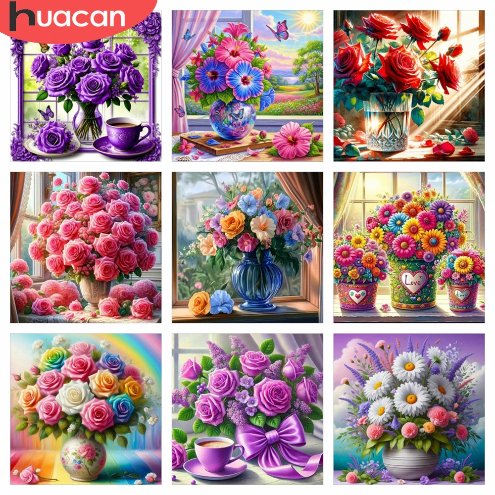 HUACAN Diamantmalerei Harz Quadratische Runde Steine Rose Pfingstrose Blumen Mosaik Strass Diamantkunst-Sets Florale Heimdekoration