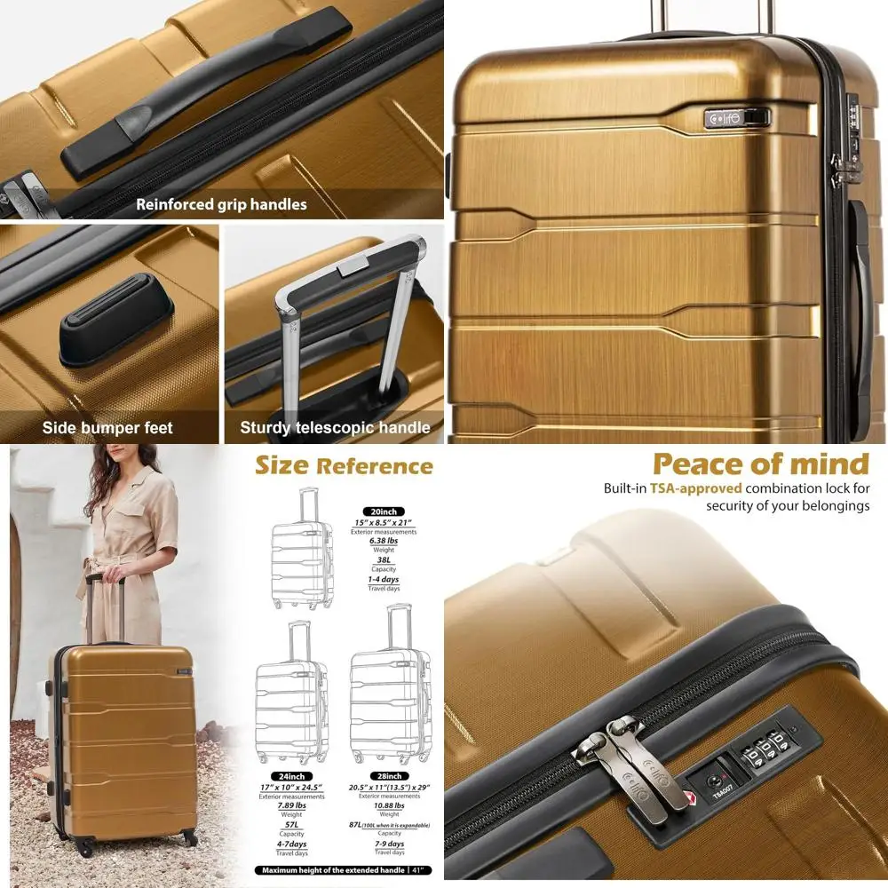 Coolife 20 Spinner Carry-On Suitcase: PC+ABS Hardshell with TSA Lock, Black-Brown