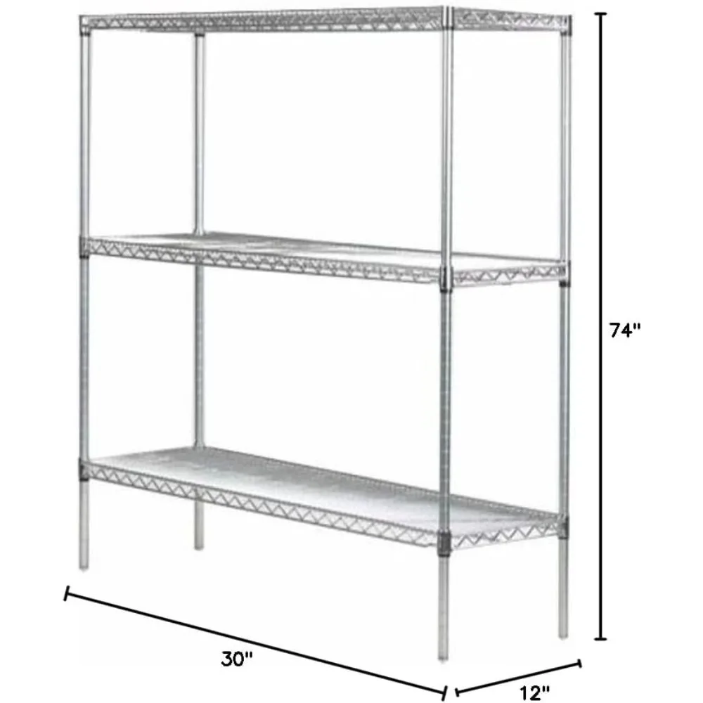 3段クロームスターターシェルフユニット、奥行き12インチ、幅30インチ、高さ74インチ、頑丈で省スペースな収納ソリューション