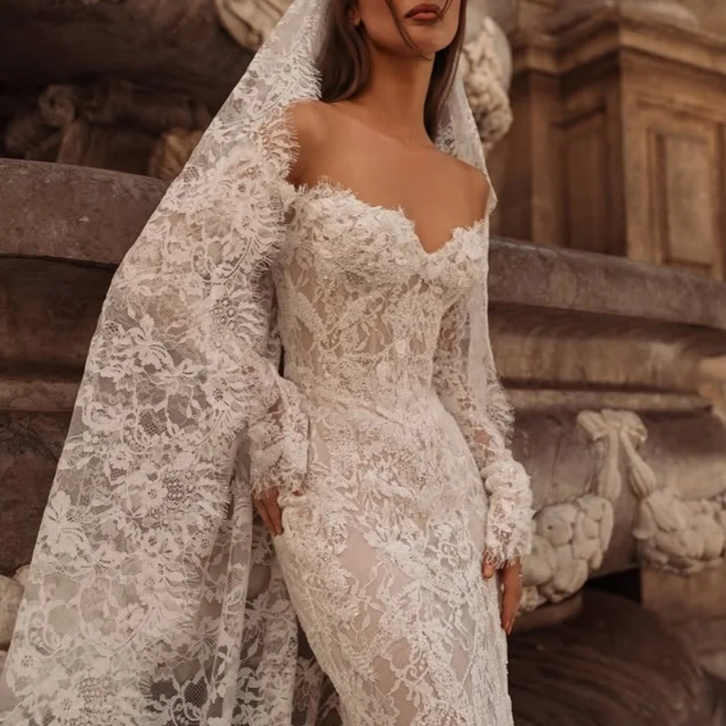 

Lace White Wedding Dresses glitter lace flower decal off-shoulder style fishtail Gowns multi-layer Made customize