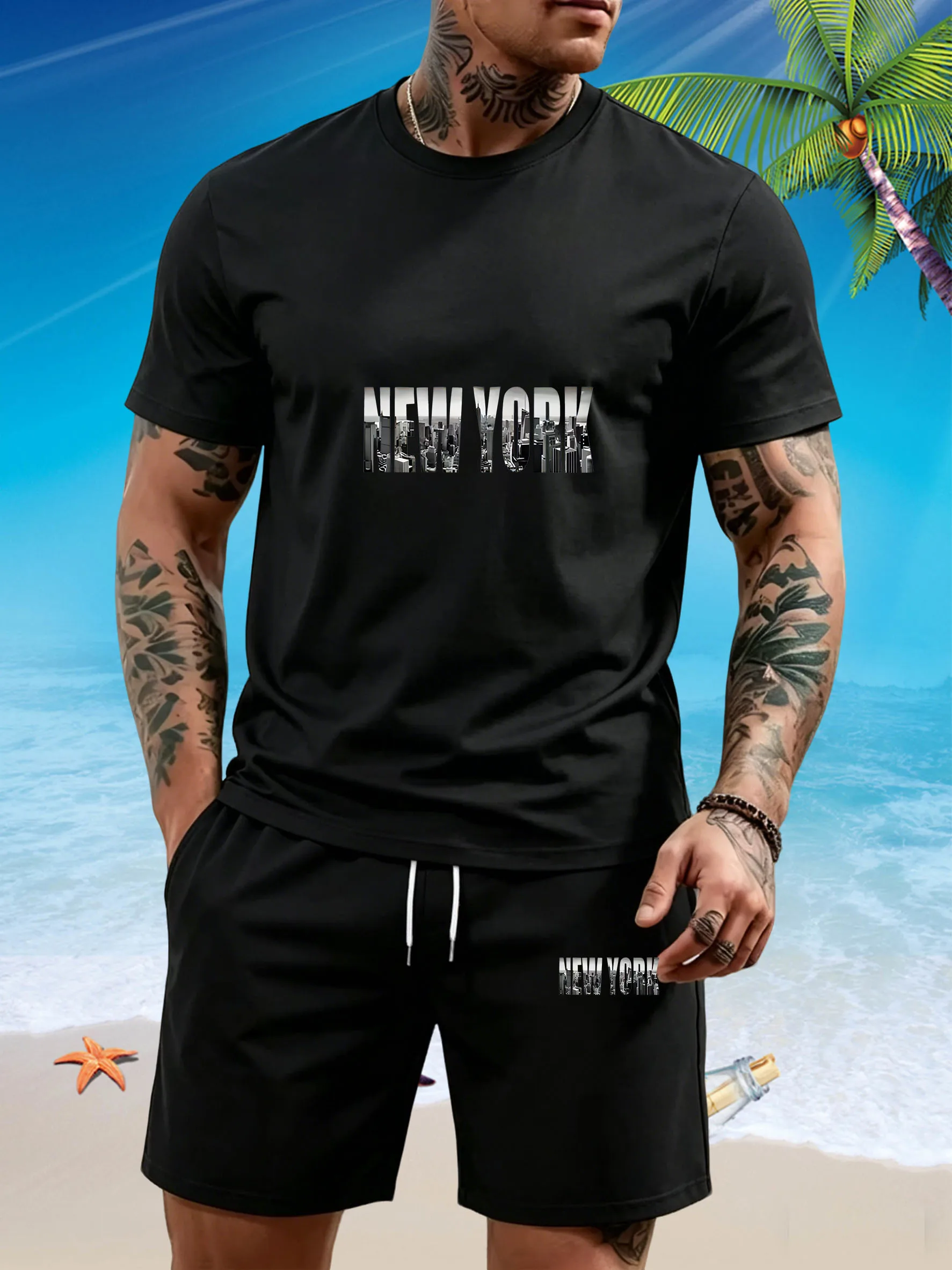 

2026 New Simple and Fashionable New York Letters Men's T-shirt Set Summer Fashion Hip Hop T-shirt Loose Street Wear Breathable