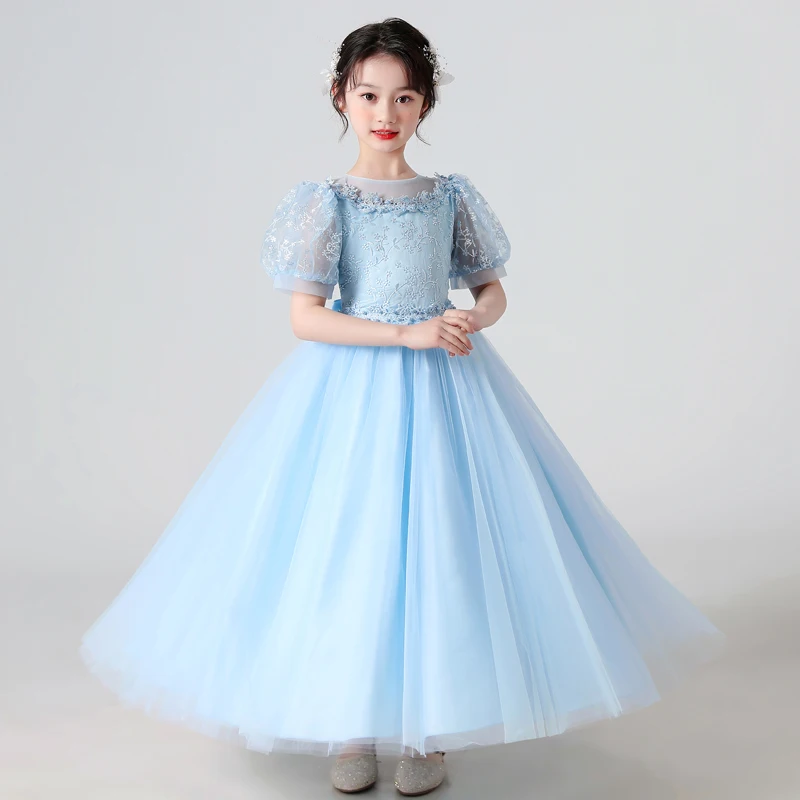 Girls Dress Summer Princess Dresses Sequins Puff Sleeve Ankle-Length Mesh Flower Girl One-piece For Wedding Evening Party