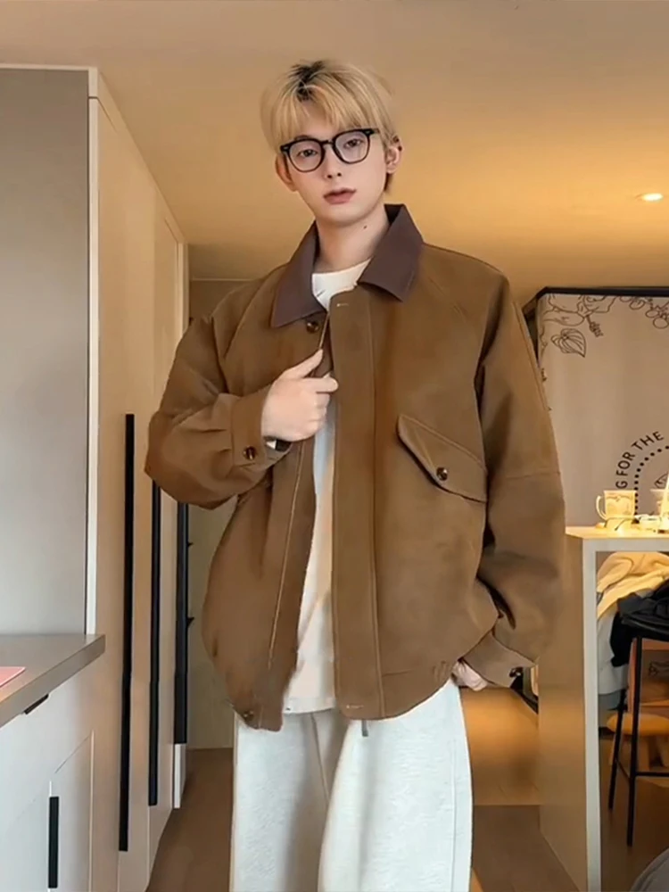 

Мужская байкерская куртка в стиле ретро в американском стиле, теплая верхняя одежда кофейного цвета на подкладке, повседневная куртка, модный бренд премиум-класса