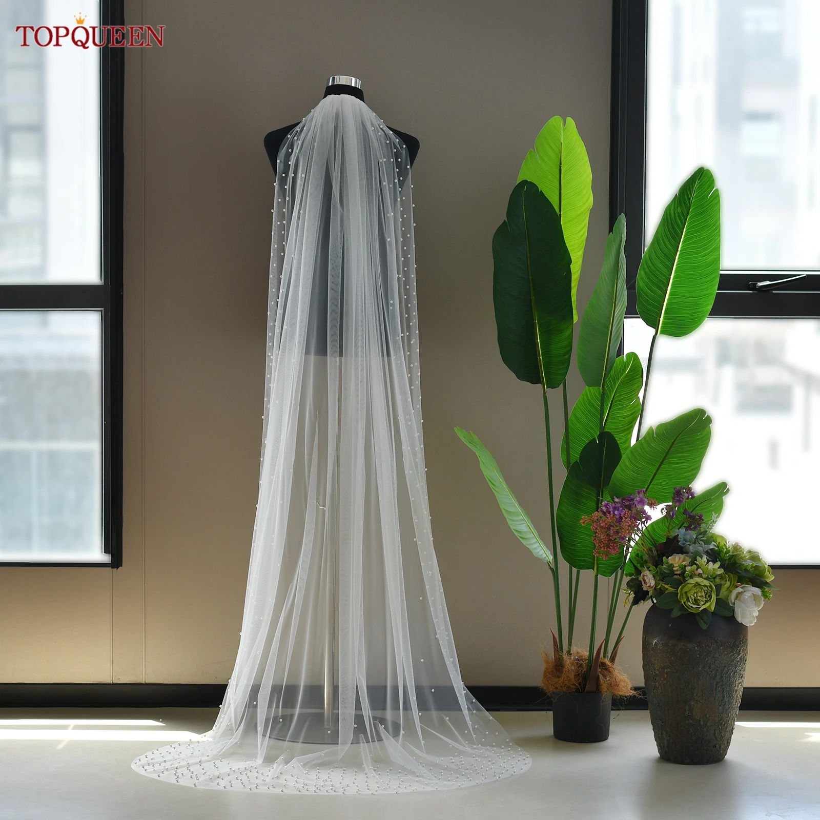 

TOPQUEEN V225 Elegant Pearl Bridal Veil Single Layer Wedding Veil Cathedral Length With Comb Wedding Accessories Customizable