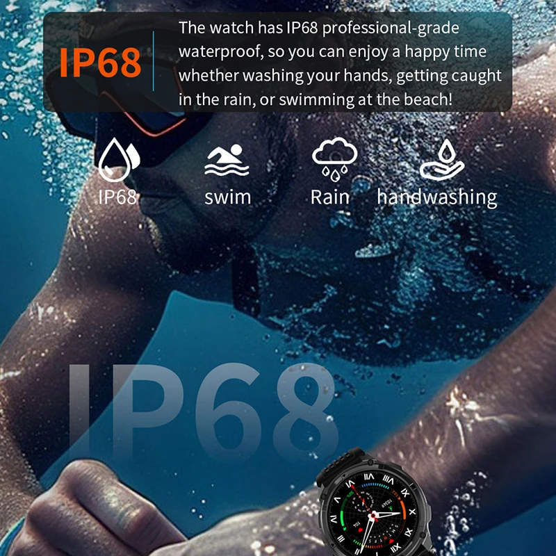 1100mAh بطارية ساعة ذكية 1.7 بوصة 360*360 AMOLED HD شاشة الرجال ساعة البوصلة 1ATM مقاوم للماء بلوتوث دعوة الرياضة Smartwatch