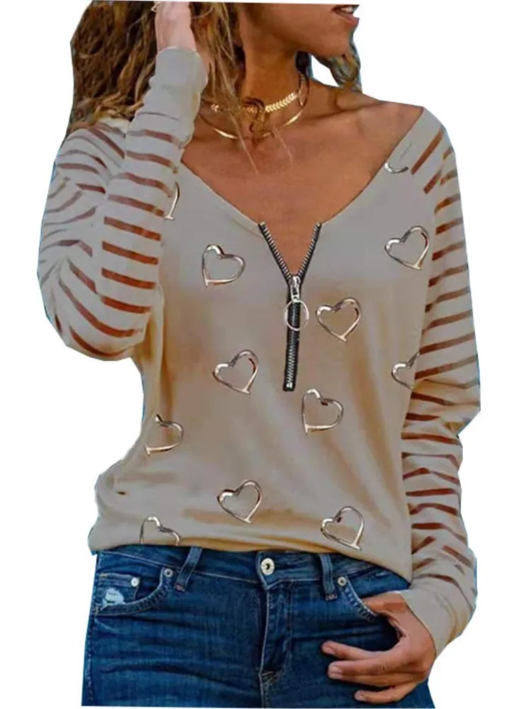 T-shirt con spalle scoperte Sexy con cerniera con scollo a v e stampa d\'amore a maniche lunghe autunno e inverno da donna