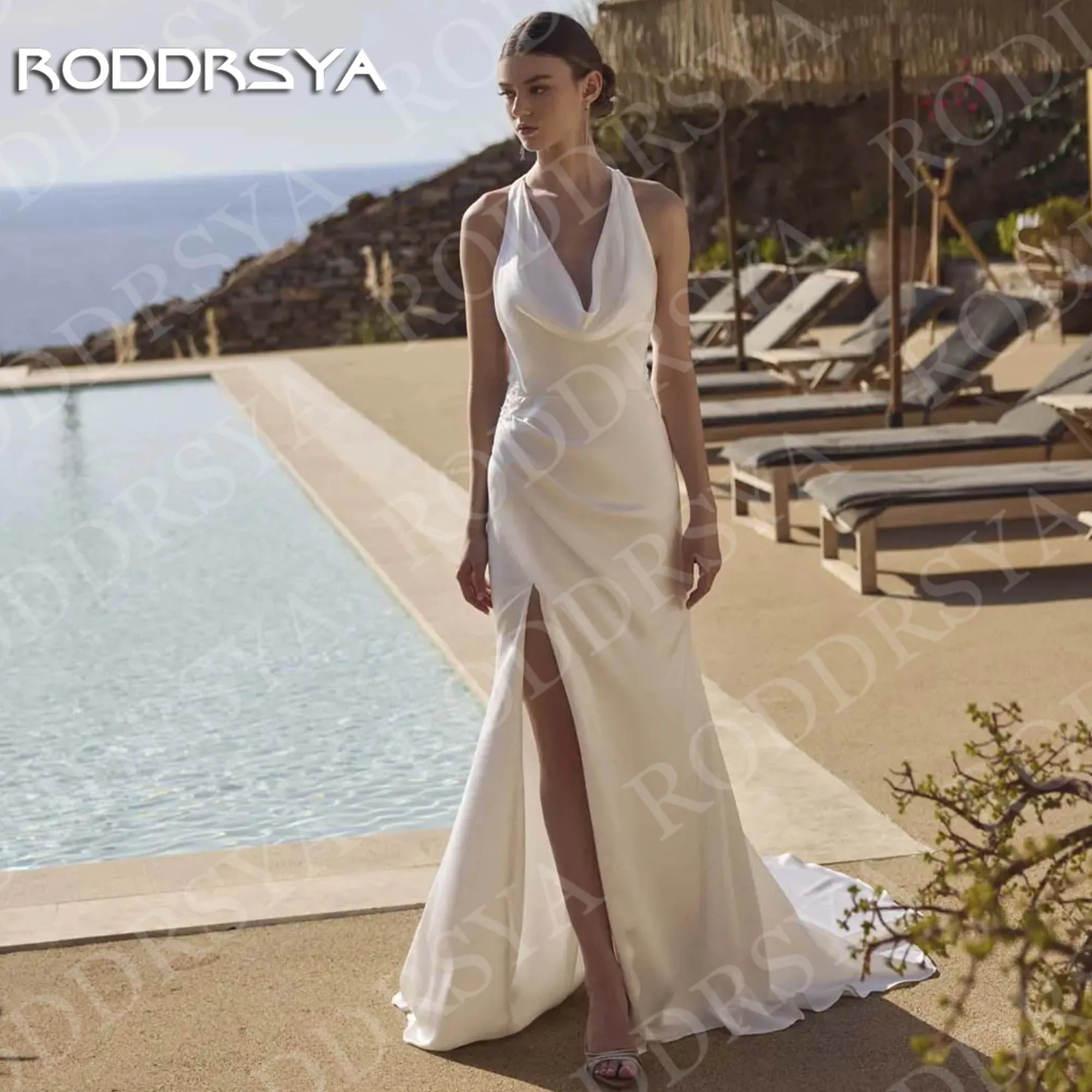 

RODDRSYA Romantic Beach Wedding Dress Mermaid Bride Boho Lace Satin High Slit Bridal Gowns Woman Customized vestidos de novia