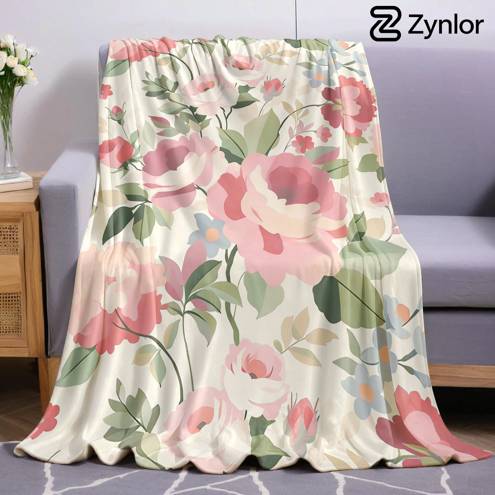 Soft Pink Rose Vine Lightweight Microfiber Flannel Blanket Soft Warm Cozy Throw All Season for Bed Sofa Office Travel Gift