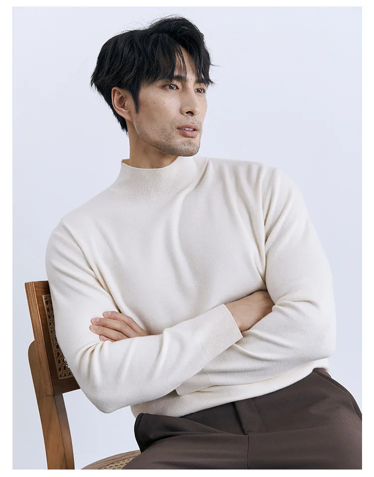 Suéter cómodo y cálido de punto con medio cuello alto para hombre, jersey informal de negocios de manga larga elástico ajustado
