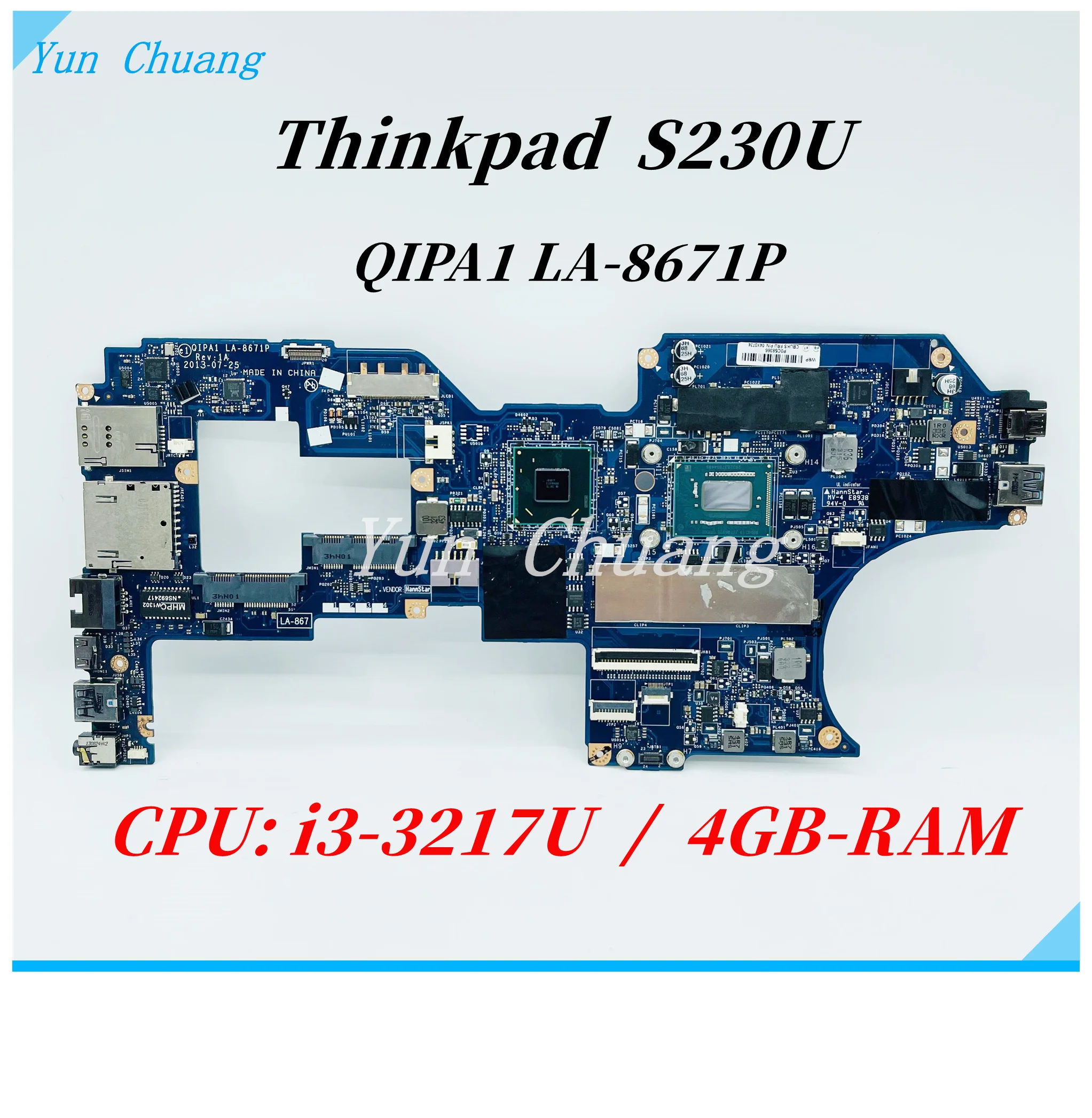 

FRU 04X0722 QIPA1 LA-8671P For Lenovo Thinkpad S230U S230 Laptop Motherboard With SR0N9 I3-3217U CPU 4G-RAM 100% fully tested