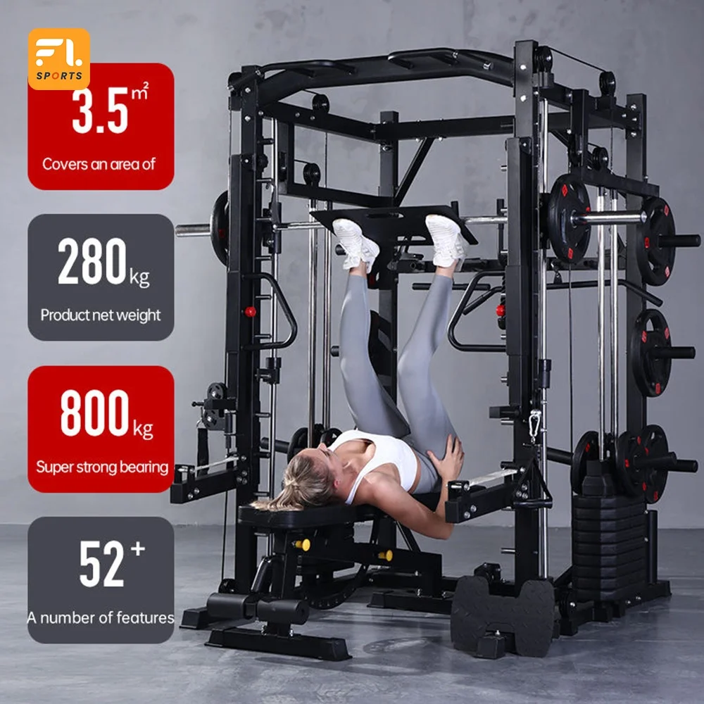 Smith Machine, Multifunction Power Cage with Smith Bar and Two LAT Pull-Down Systems and Cable Crossover Machine for Home Gym