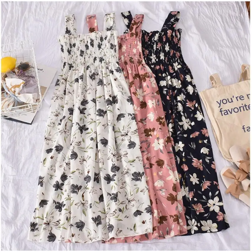 Floral Dress Suspender 2024 Forest Summer New Style Waist Slimming Look Square Collar Mid-Length Dress