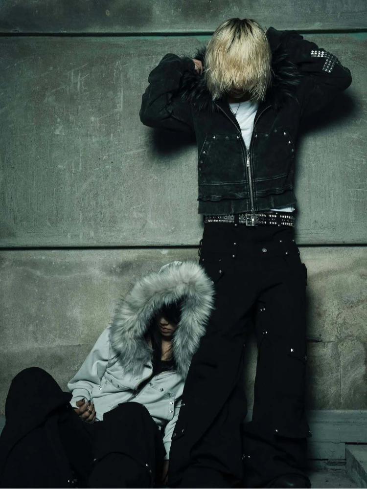 Women Vintage Washed Black Cropped Jacket Fluffy Big Faux Fur Hood Silver Stud Rivet Zip Up Punk Gothic Streetwear Short Coat