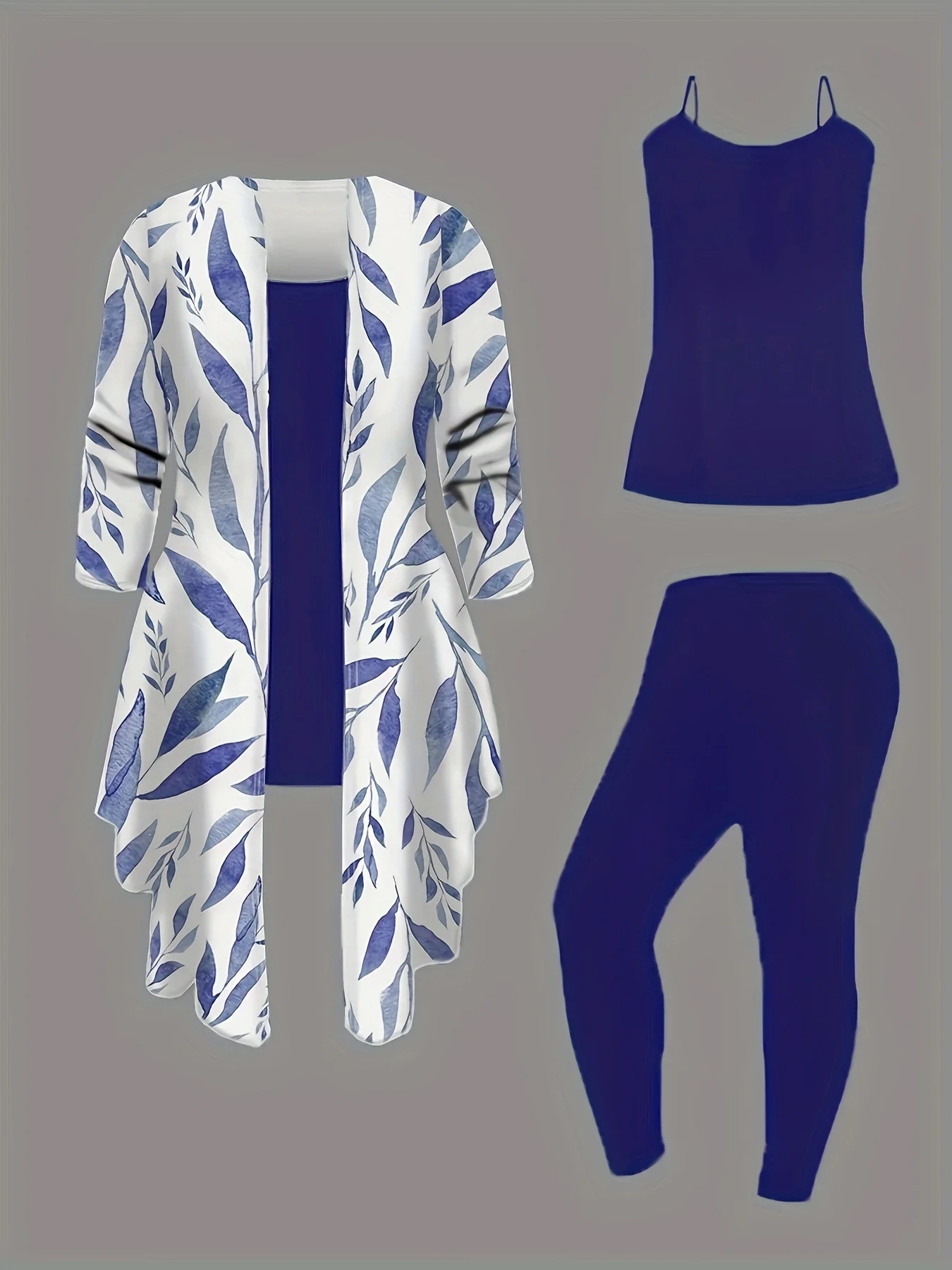 

Женский комплект из 3 предметов больших размеров: куртка-кардиган с цветным принтом в сочетании с брюками и жилетом для повседневного повседневного образа.