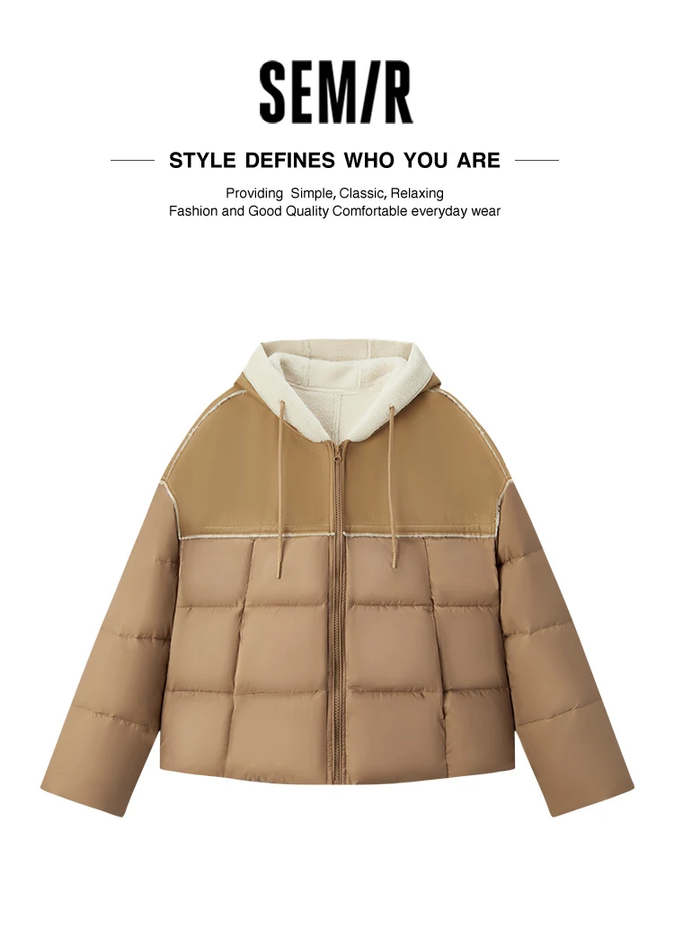 Semir Cotton Jacket Women Patchwork Loose Cotton Jacket Retro 2024 Winter New Furry Hooded Puffer Coat Trendy Cotton Jacket